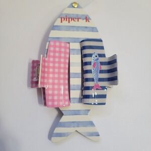 Piper K Sardine Hair Claw Clip Set 2pc Gingham Blue Pink Fish Coastal Nautical